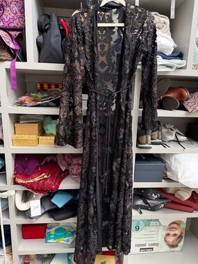 Fashion Nova Black Sheer Embroidered Duster Maxi Dress